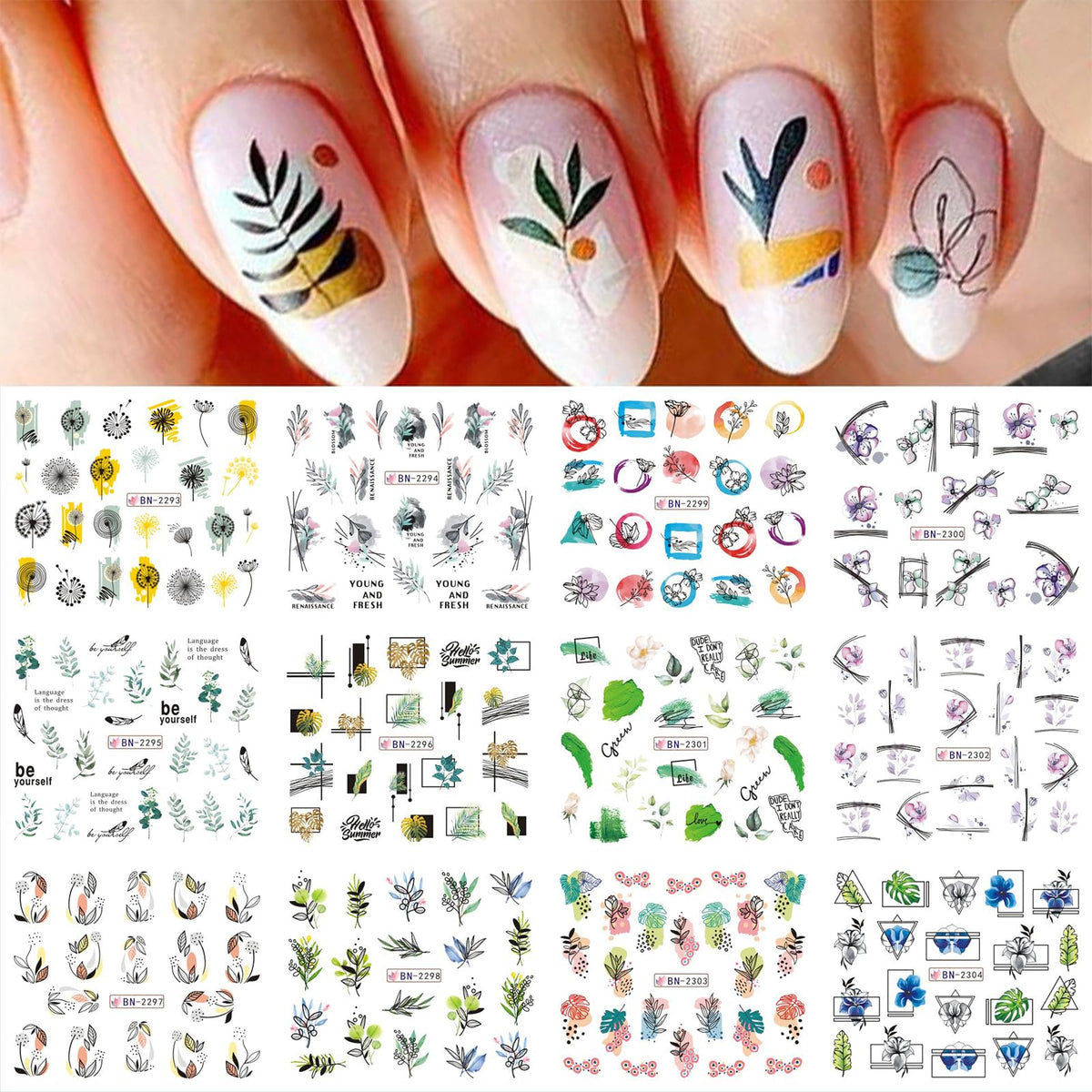 Maiousu Store 12 Sheets Flower Water Transfer Nail Decals For Diy Nail Art - Assorted Patterns