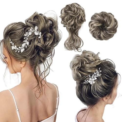 REECHO Messy Bun Hair Piece - Classic Tousled Updo, Ash Brown Highlights, Pack of 2