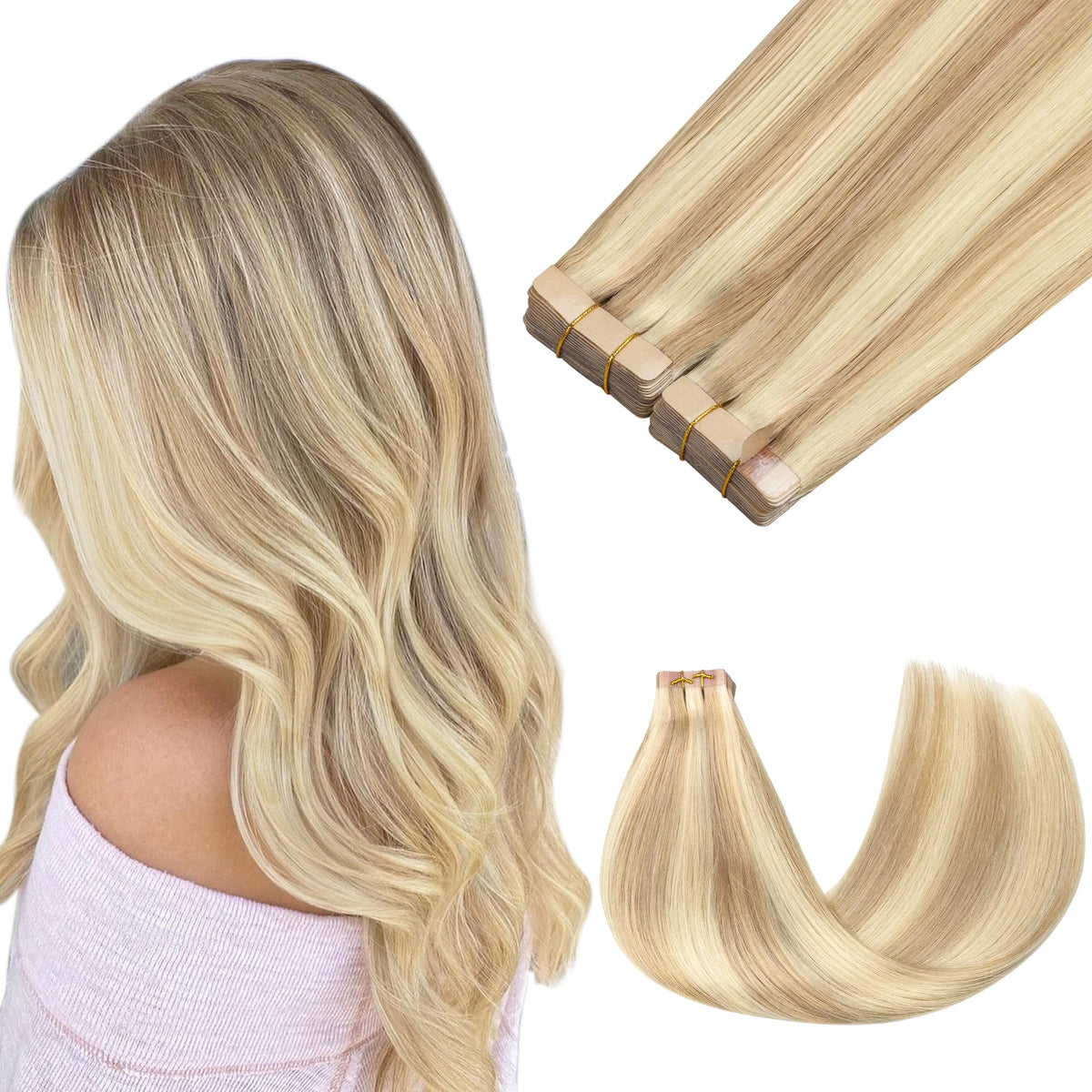 GOO GOO 10&quot; Tape in Human Hair Extensions #18A/613A Dark Blonde Highlighted, 60g, 