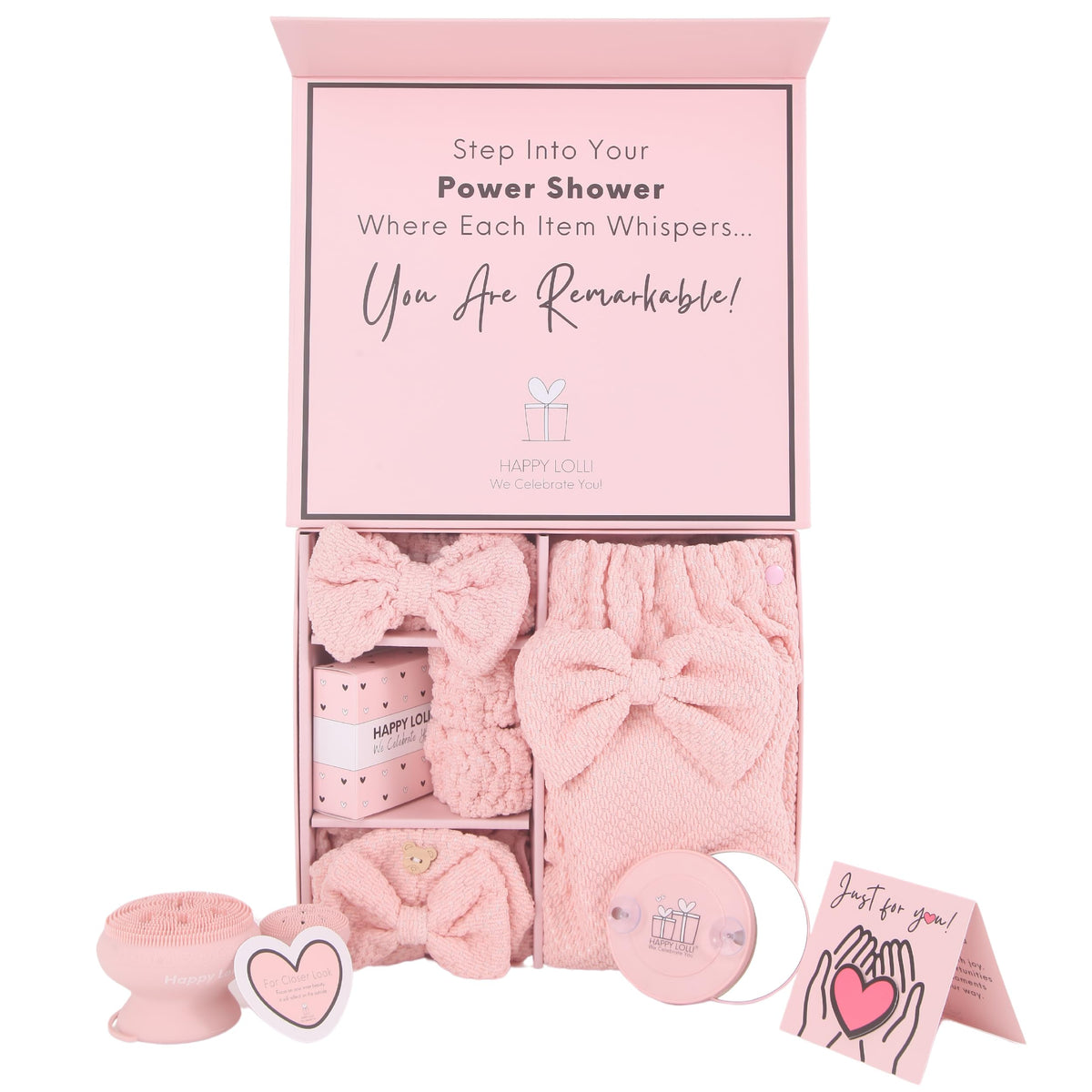 Happy Lolli Valentine Power Shower Gift Set - Luxury Bath Accessories For Women & Girls, Pink