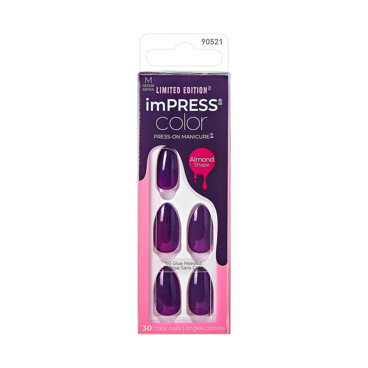 Impress Kiss Impress Color Press-On Manicure, Solid Purple, Medium Almond Shape, 33 Nails