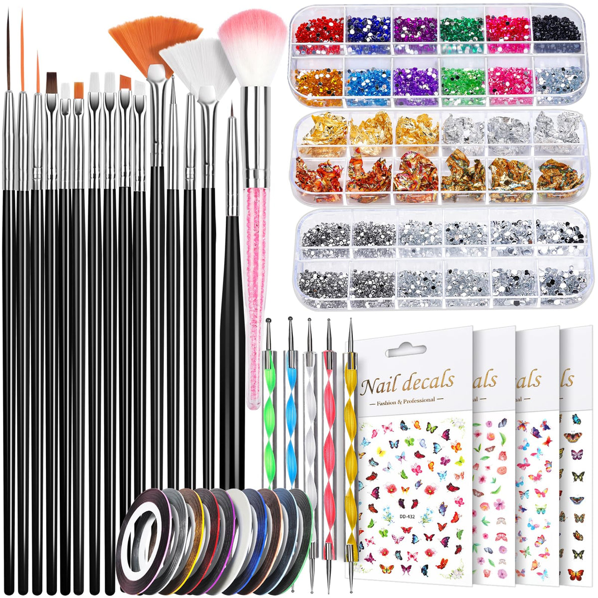 Teenitor Nail Art Kit - Brushes, Dotting Tools, Rhinestones, Stickers & Foil For Creative Nails