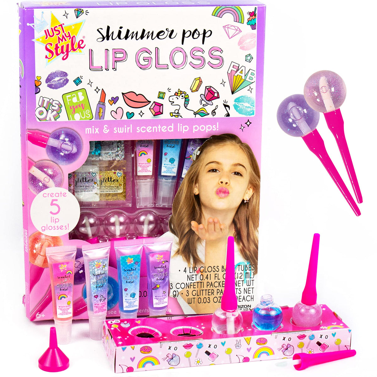 Just My Style Shimmer Pop Lip Gloss Kit - Create 5 Lollipop Glosses with Glitter & Containers