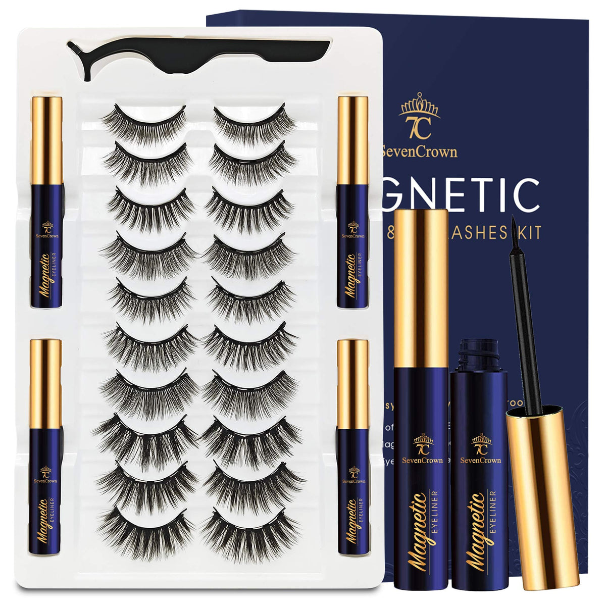 7C Sevencrown 3D Magnetic Eyelashes Kit - 10 Pairs With Magnetic Eyeliner, Easy Apply,