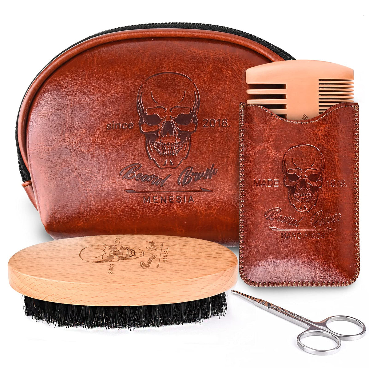 Menesia Beard Brush Kit With Wooden Comb, Boar Bristle, Travel Bag & Nose Hair Scissors