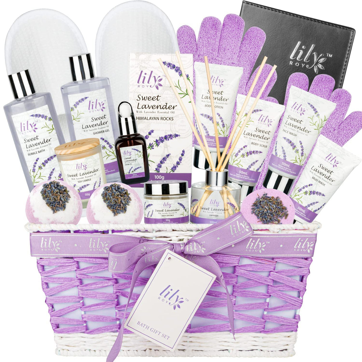 Lily Roy Luxury Spa Gift Basket Set For Women - 18Pcs Lavender Bath Gift For Christmas & Birthday