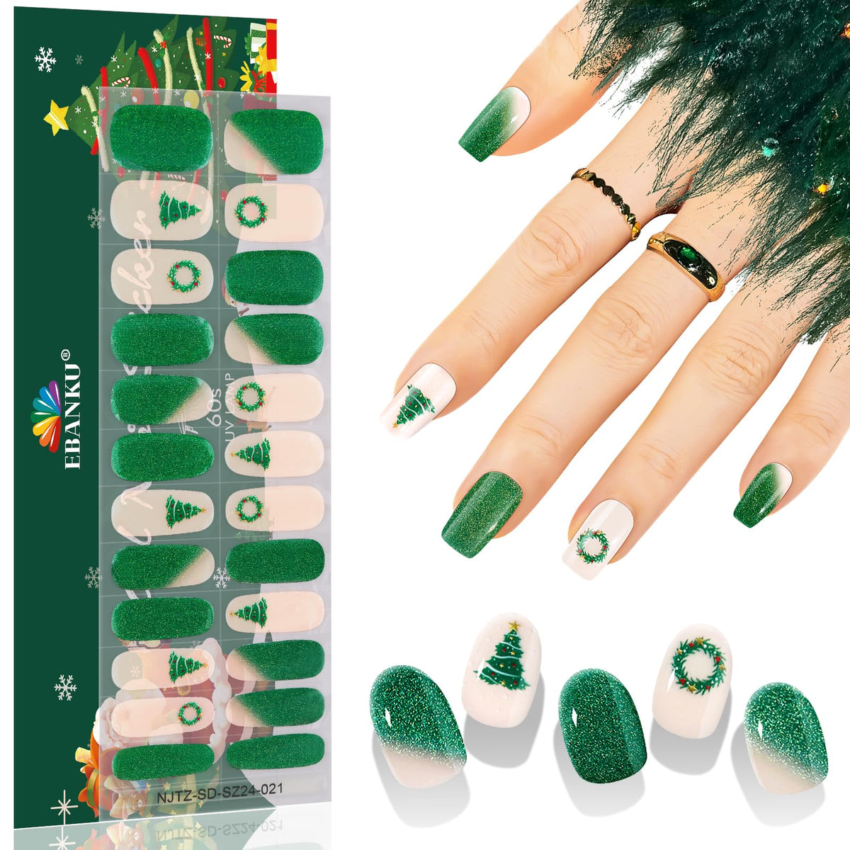 Ebanku 24Pcs Christmas Tree Gel Nail Strips, Waterproof Nail Art Stickers With File