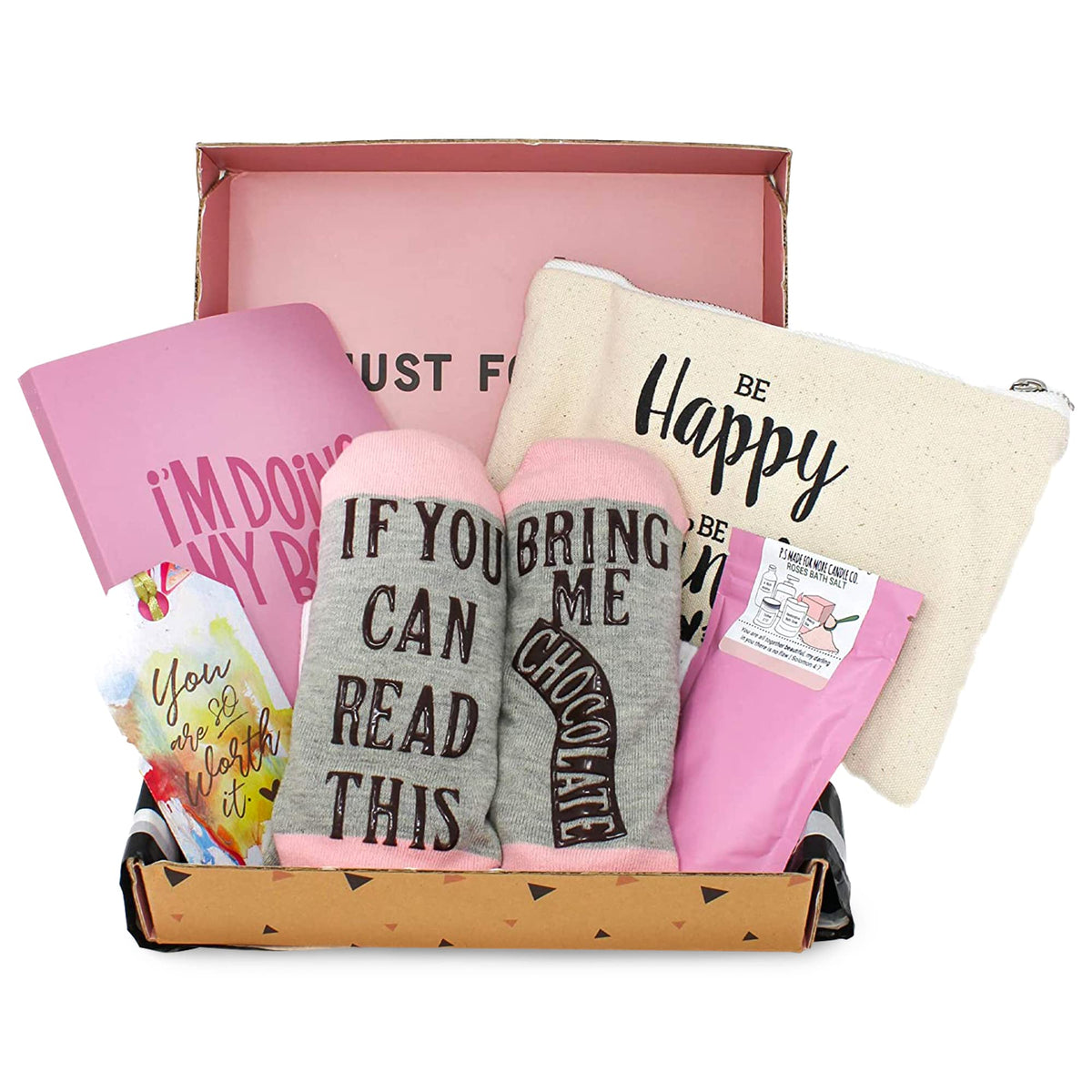 Milky Chic Mother'S Day Gift Set For Her - 4 Piece Box With Notebook, Cosmetic Bag, Socks, Bath Salt