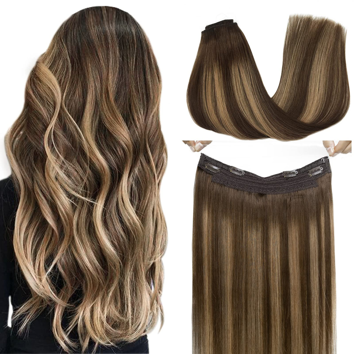 GOO GOO 12 Inch Balayage Hair Extensions, Chocolate Brown to Caramel Blonde, Remy Human Hair