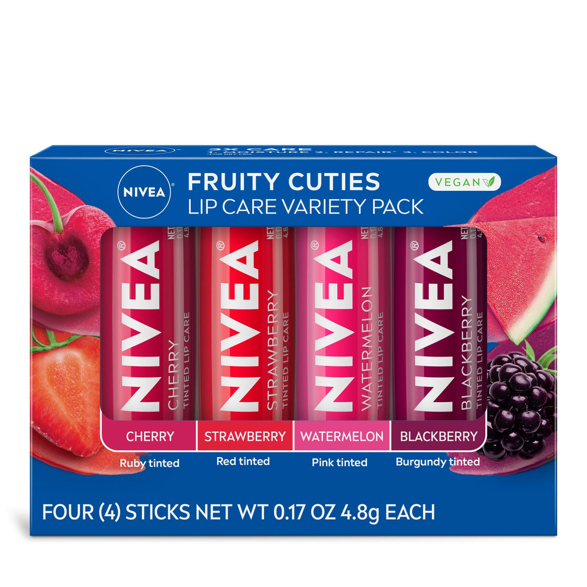 Nivea Fruity Tinted Lip Balm Variety Pack - Cherry, Strawberry, Blackberry, Watermelon, 4 Sticks