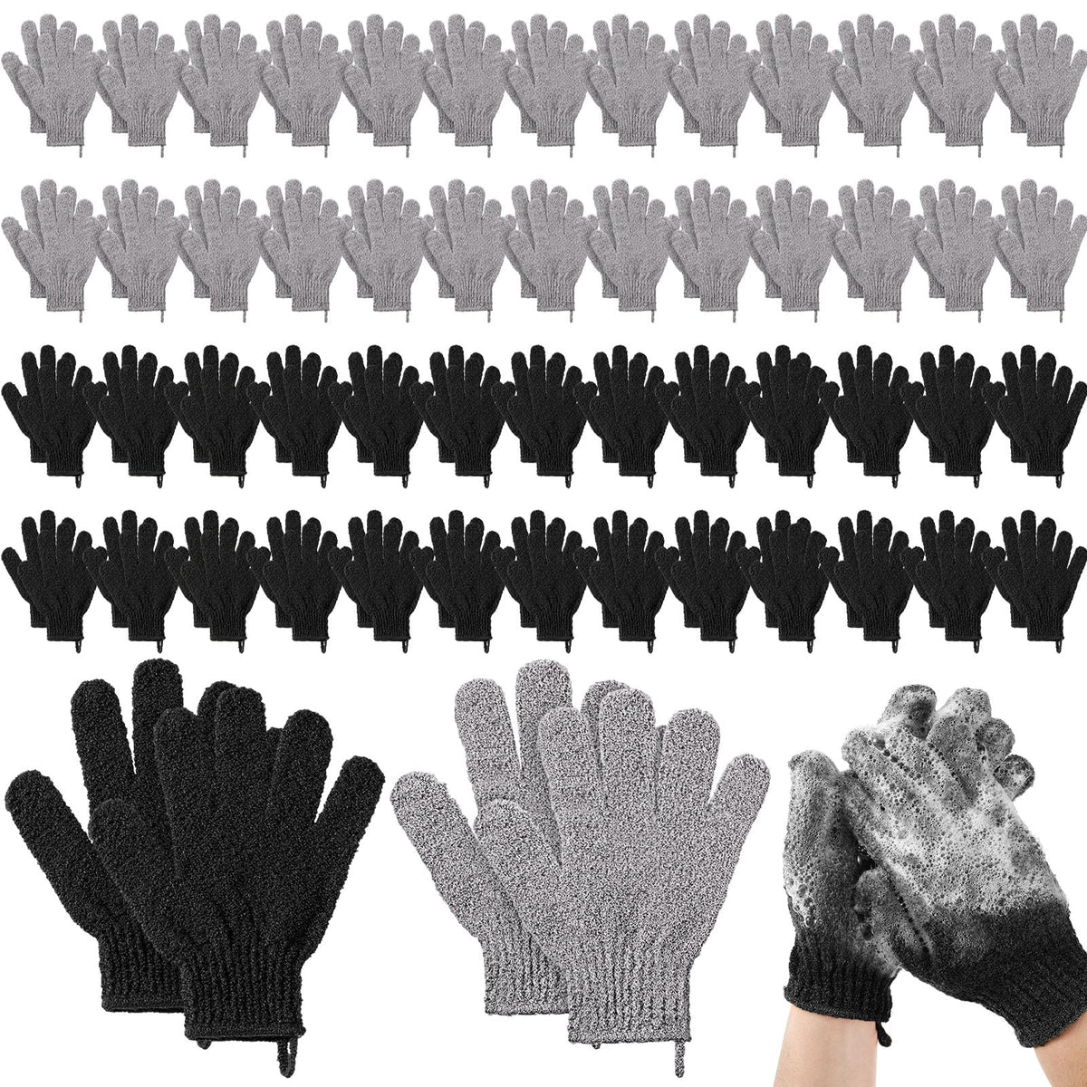 Didaey 104 Pcs Exfoliating Shower Gloves - Body Scrubber For Men & Women (Black, Grey)