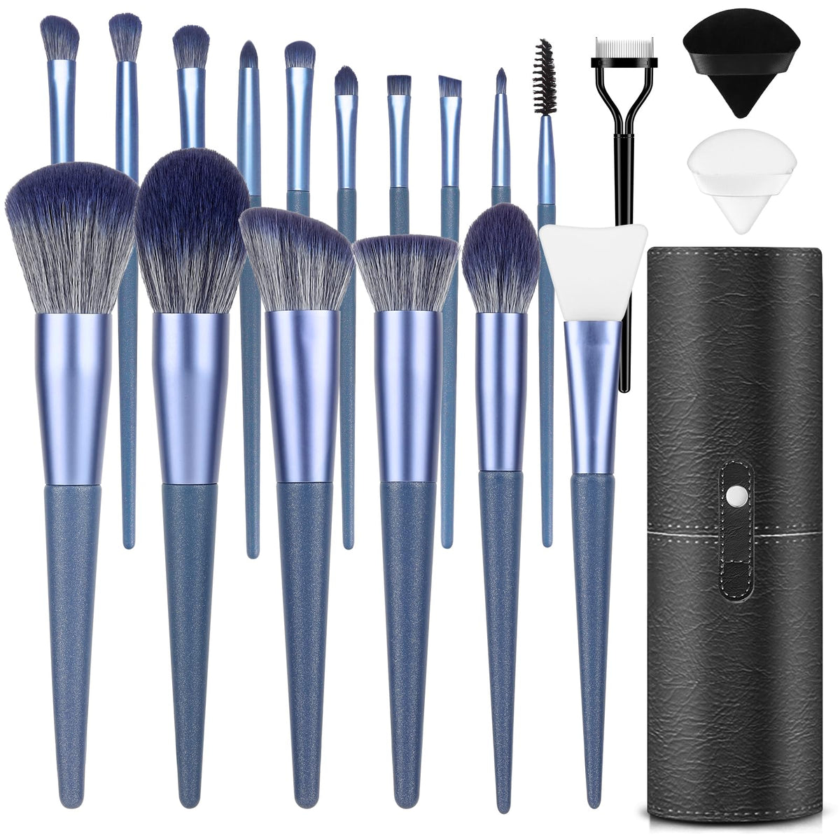 Luxbru 17Pc Makeup Brush Set - Foundation, Blending, Eyeshadow, Contour, Blue Organizer Case