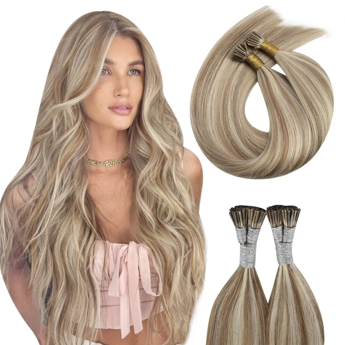 Moresoo Blonde I Tip Hair Extensions 16&quot; Human Hair #9A/60 Highlight Mix Light Brown Platinum