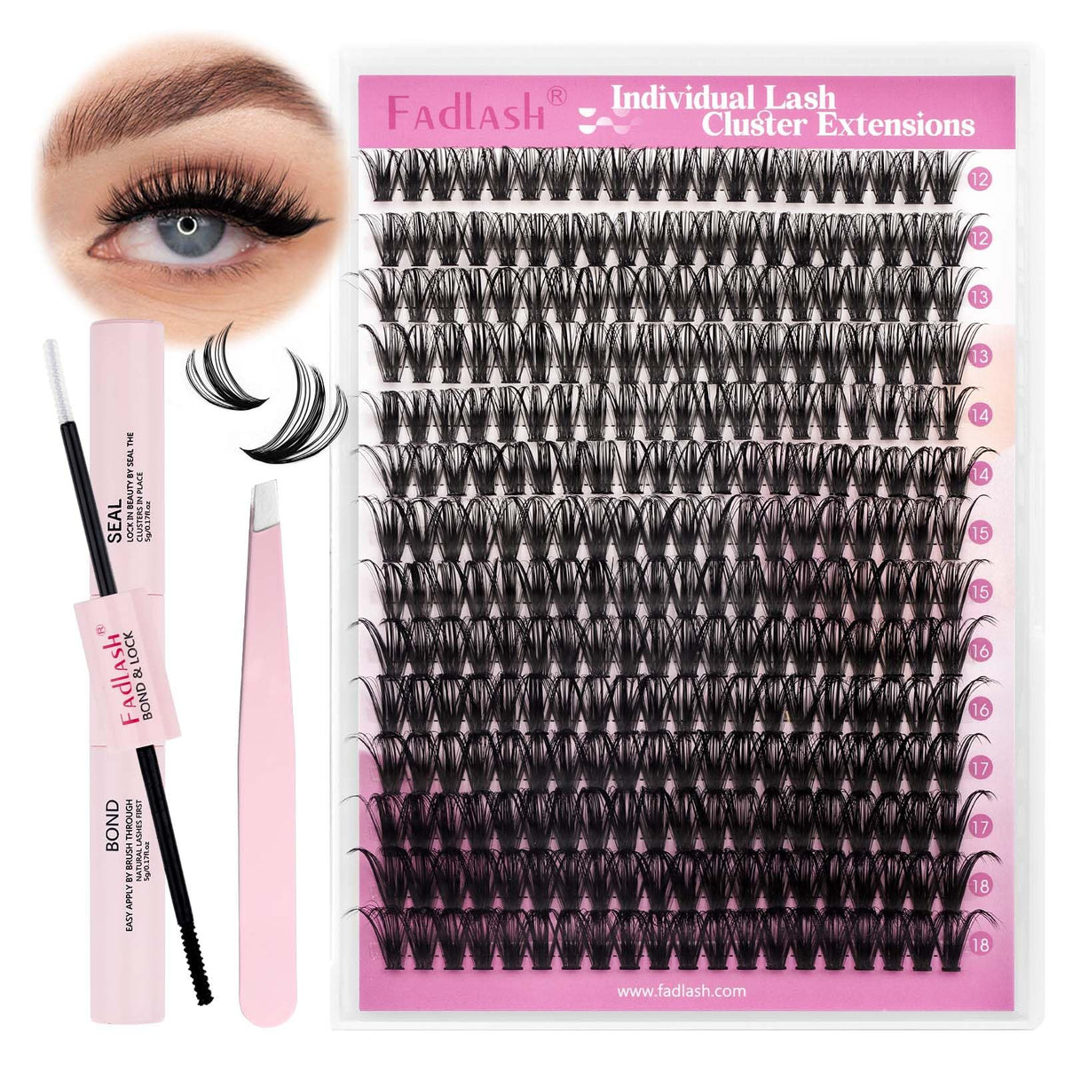 FADLASH DIY Lash Extension Kit - Individual Cluster D Curl Lashes with Bond & Seal, 12-18mm