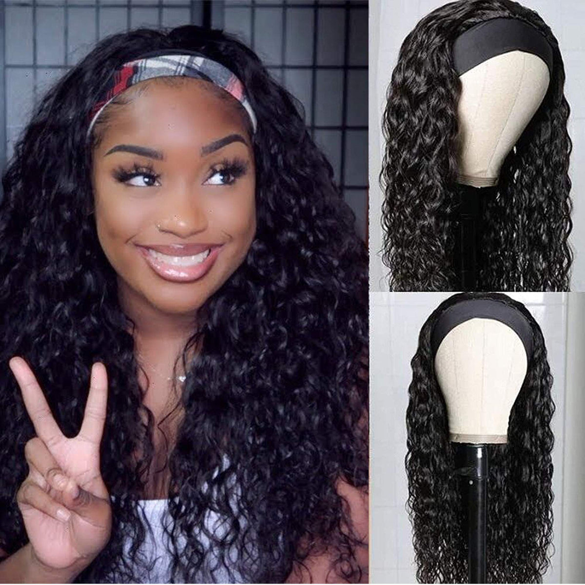 UNICE 20&quot; Headband Wig Water Wave 150% Density Human Hair 1B Color Glueless Lace Front