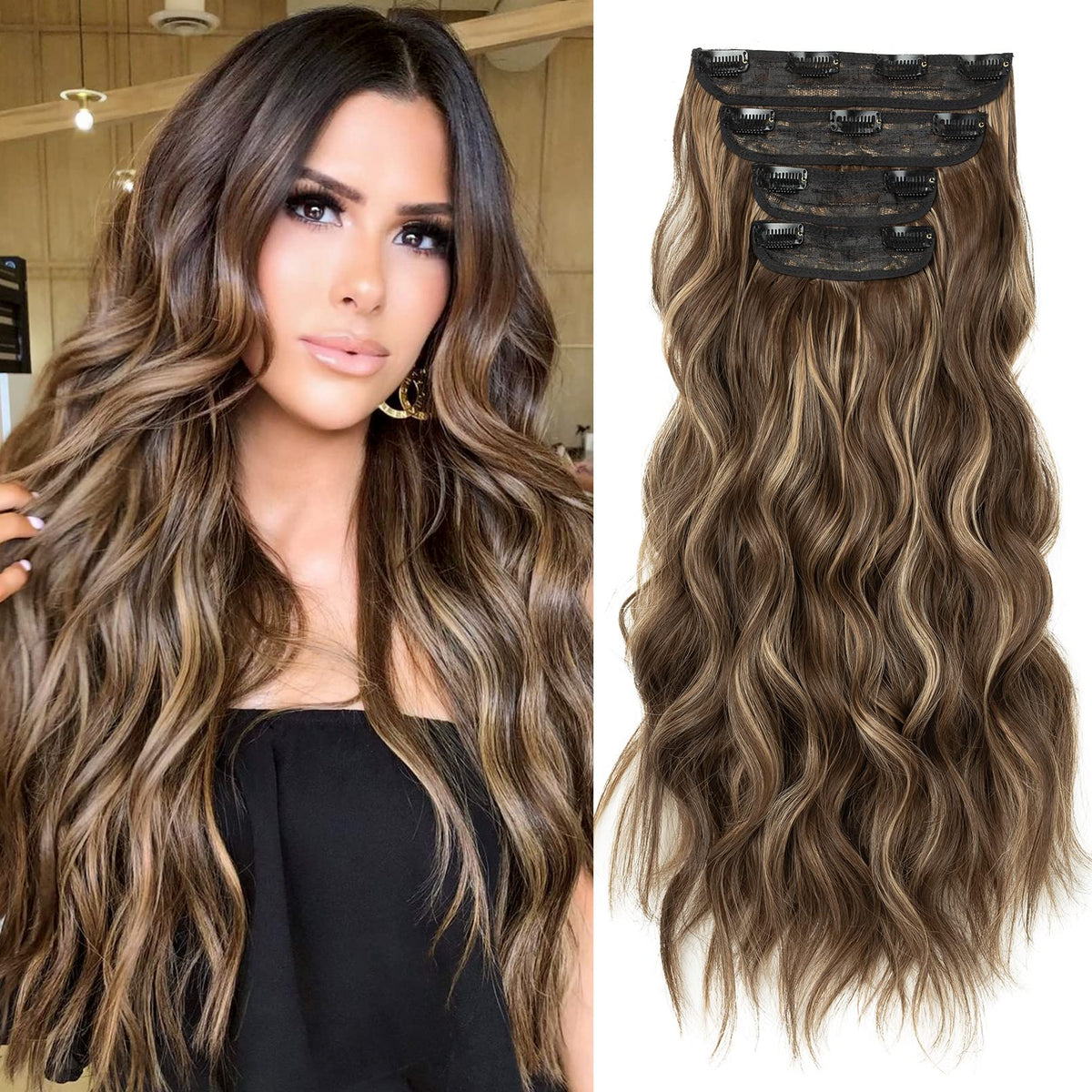 Reecho 20 Inch Clip-In Hair Extensions, Chocolate Brown With Blonde Highlights, 4Pcs Synthetic Hair