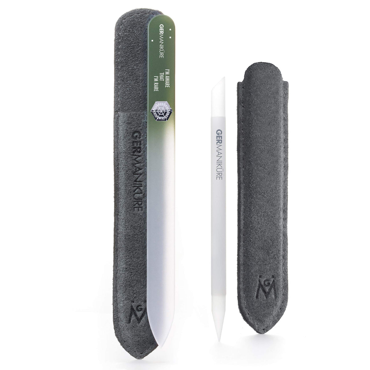 Germanikure Crystal Glass Cuticle Stick & Nail File Set - Suede Leather Case, 2 Piece