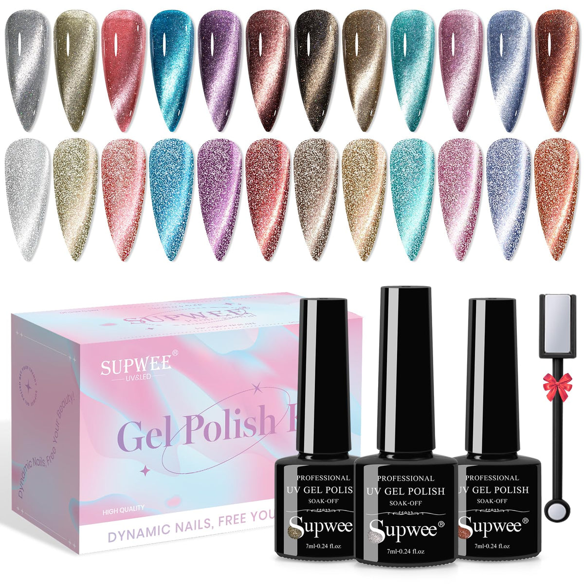 Supwee 12 Colors 9D Cat Eye Gel Nail Polish Set - Holographic Magnetic For Diy Manicure