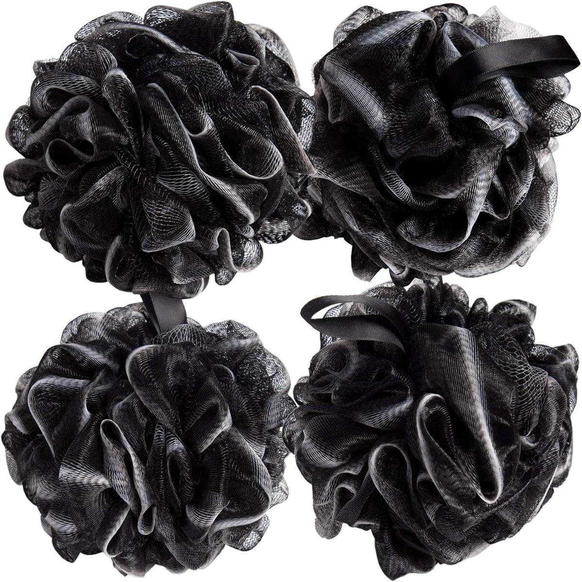 Senshuomy Exfoliating Loofah Bath Sponge Set - 4 Large Mesh Shower Puffs (Black & White)