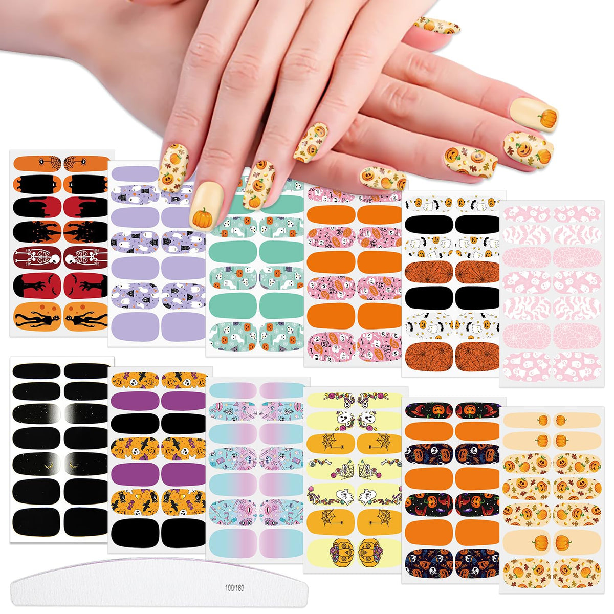 Wokoto Halloween Nail Polish Strips - 12 Sheets With Stickers, Pumpkin, Bat, Ghost Designs