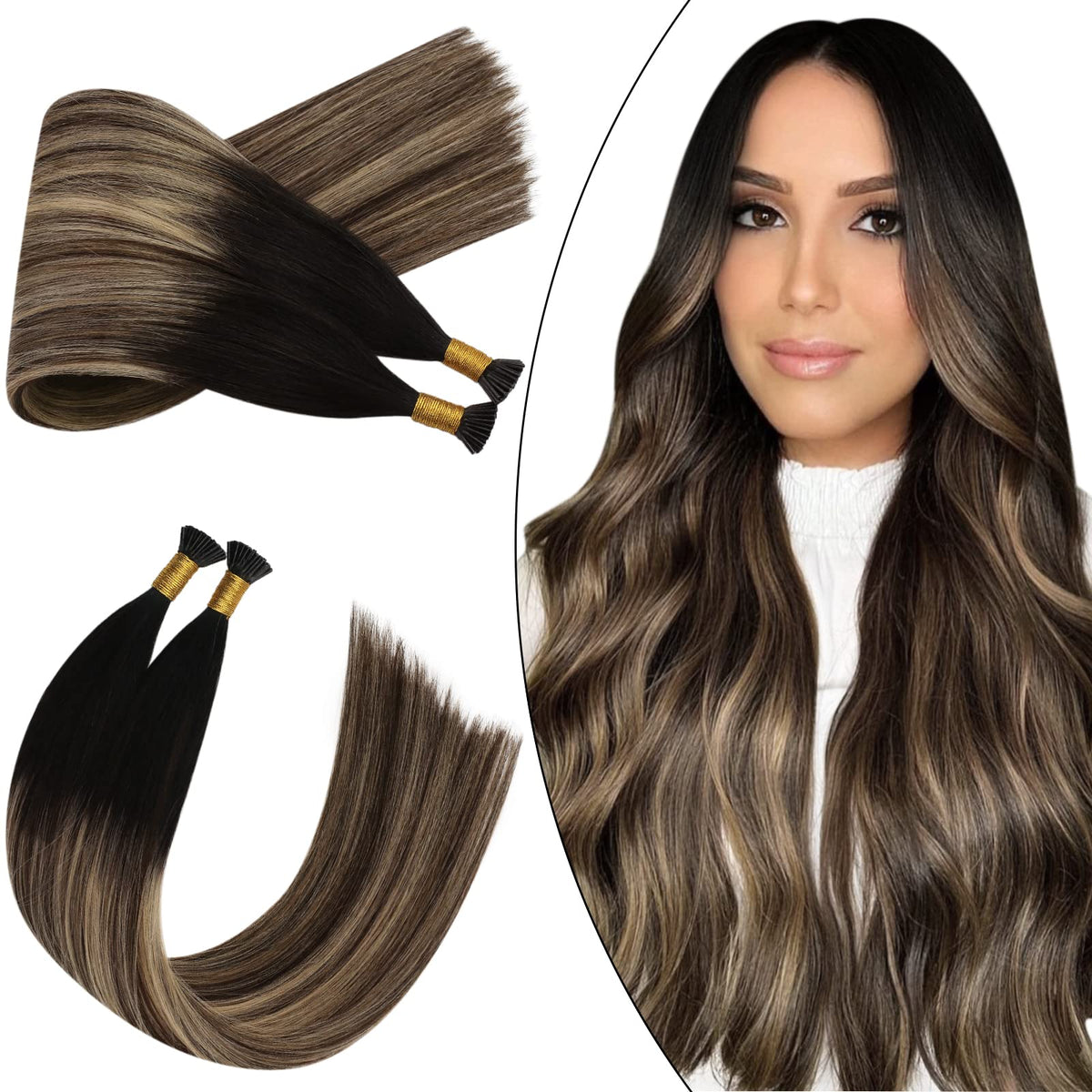 Ugeat 18&quot; I Tip Human Hair Extensions #1B/4/27 Balayage Ombre Cold Fusion 40g