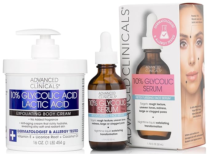 Advanced Clinicals Glycolic Acid Body Lotion & Face Serum Bundle - Exfoliating Kp Bump Eraser