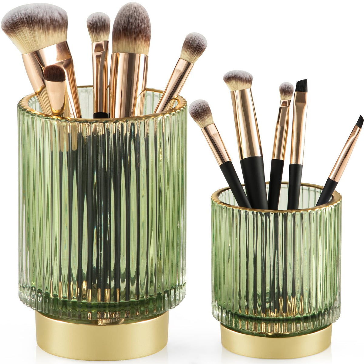 Canitoron Glass Makeup Brush Holder 2 Pack - Green Cosmetic Organizer For Dresser & Bathroom