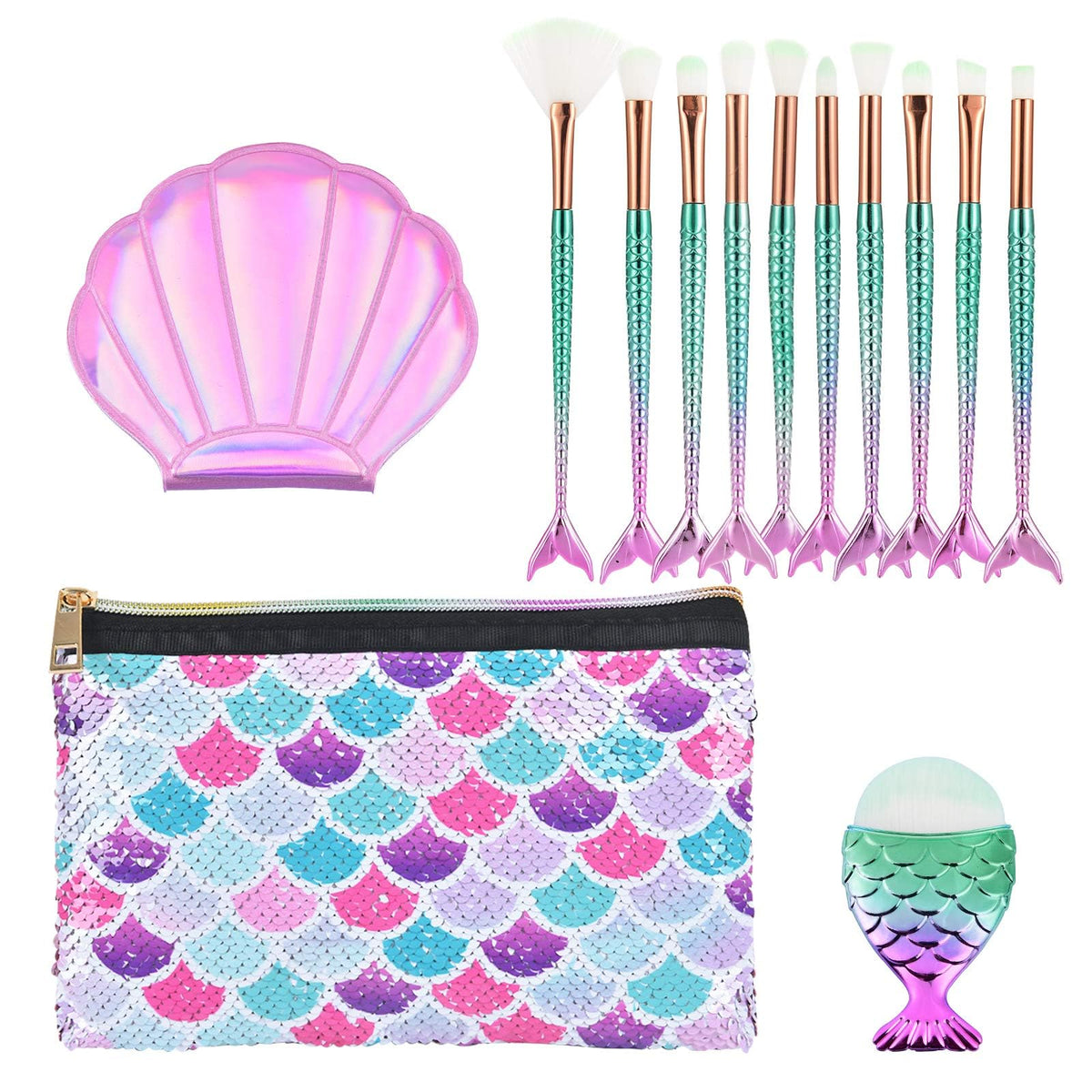 Wernnsai Mermaid Makeup Brush Set - 13 Pcs Beauty Tools With Cosmetic Bag & Mirror