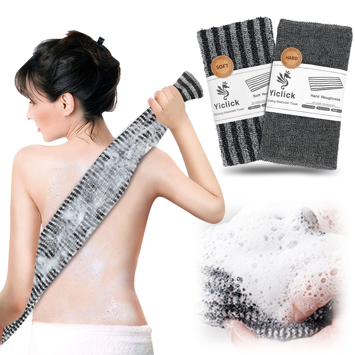 Yiclick Exfoliating Washcloth Towel 2 Pack - Body Scrubber For Shower & Bath, Black Nylon