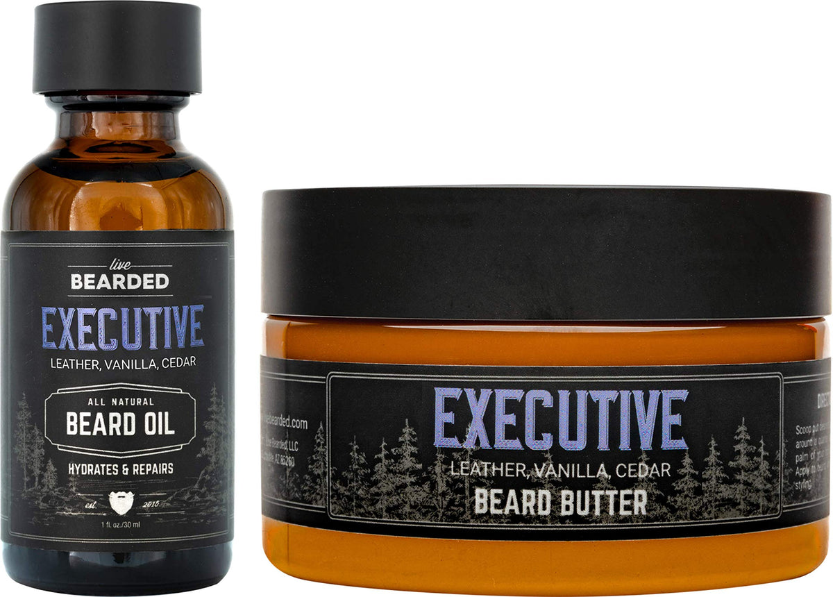 Live Bearded Beard Oil & Butter Kit - All-Natural Growth Support - Executive Scent, 4 Fl Oz