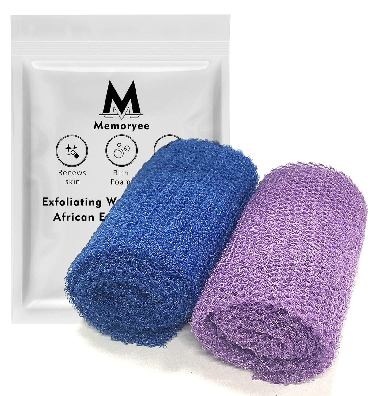 Memoryee Exfoliating Washcloth Towel Scrubber, Blue/Purple Mesh Pouf, 2 Pack Bathing Sponge