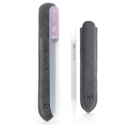 Germanikure Crystal Glass Cuticle Stick & Nail File Set - Suede Leather Case, 4 Piece