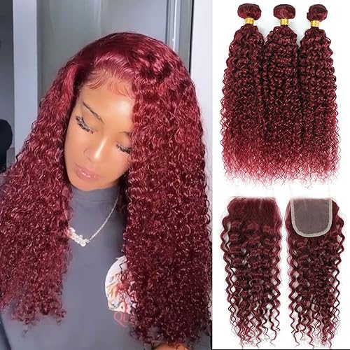 FASHION VILA 12A Grade 99j Burgundy Water Wave Bundles & Closure, Brazilian Human Hair 70g/Bundles