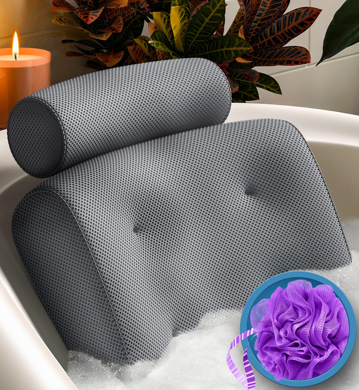 Everlasting Comfort Luxury Bath Pillow - Gray Head, Neck, Back Support For Bathtub Spa