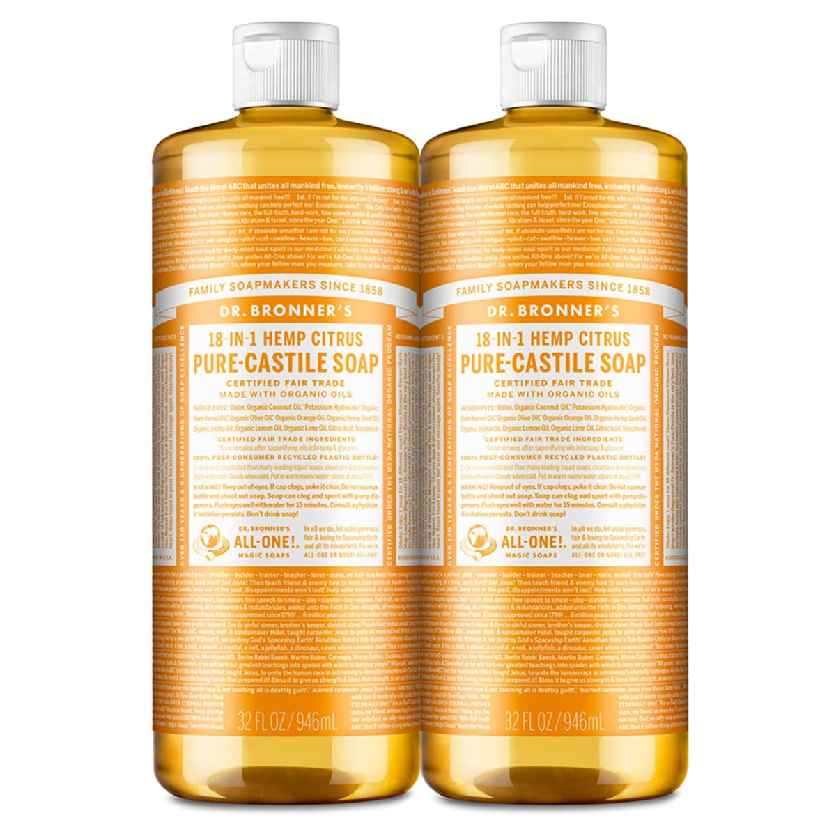 Dr. Bronner'S Pure-Castile Liquid Soap Citrus 32Oz 2-Pack - Organic, Vegan, 18-In-1