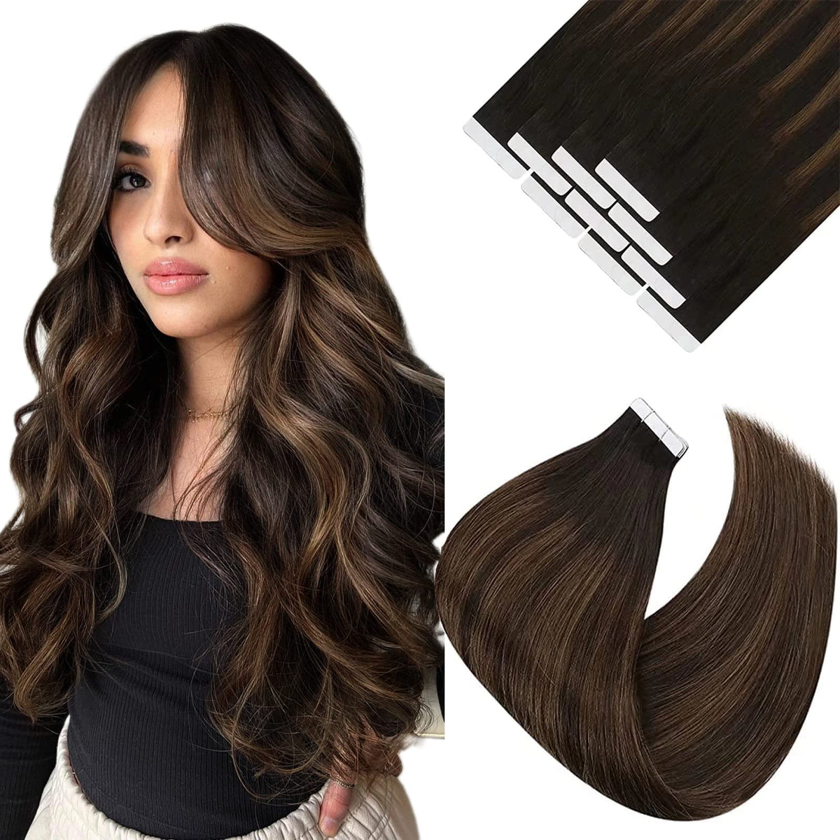 Vesunny Ombre Brown Tape In Hair Extensions, 18&quot;, 10Pcs, Human Hair, Balayage, 25G