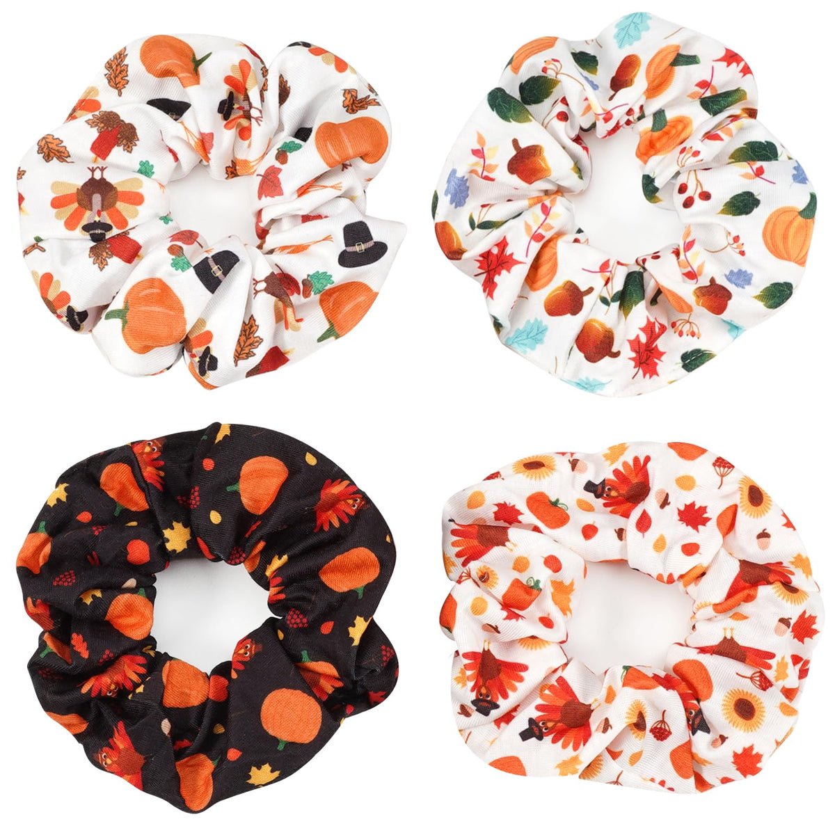 Ardorchid Thanksgiving Hair Ties - 4Pcs Elastic Scrunchies With Pumpkin & Turkey Design