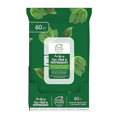 Petal Fresh Tea Tree & Peppermint Cleansing Towelettes, Vegan Face Wipes, 60 Count