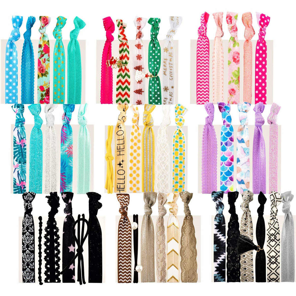 79STYLE 50pcs No Crease Elastic Hair Ties - Cute Print Ribbon Ponytail Holders, Multi-colored