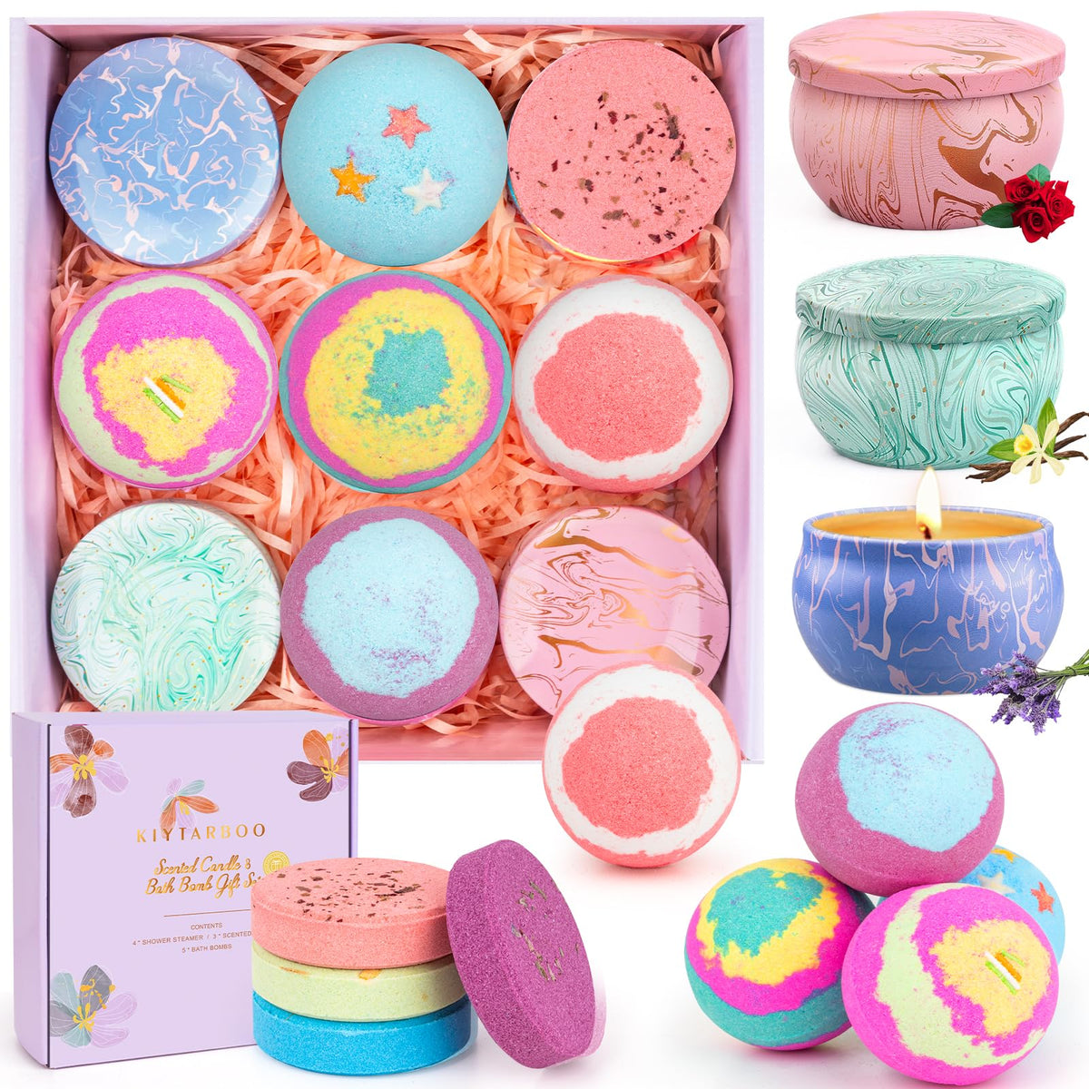 Kiytarboo Bath Bombs Gift Set - 5 Large Bath Bombs, 4 Shower Steamers & 3 Candles