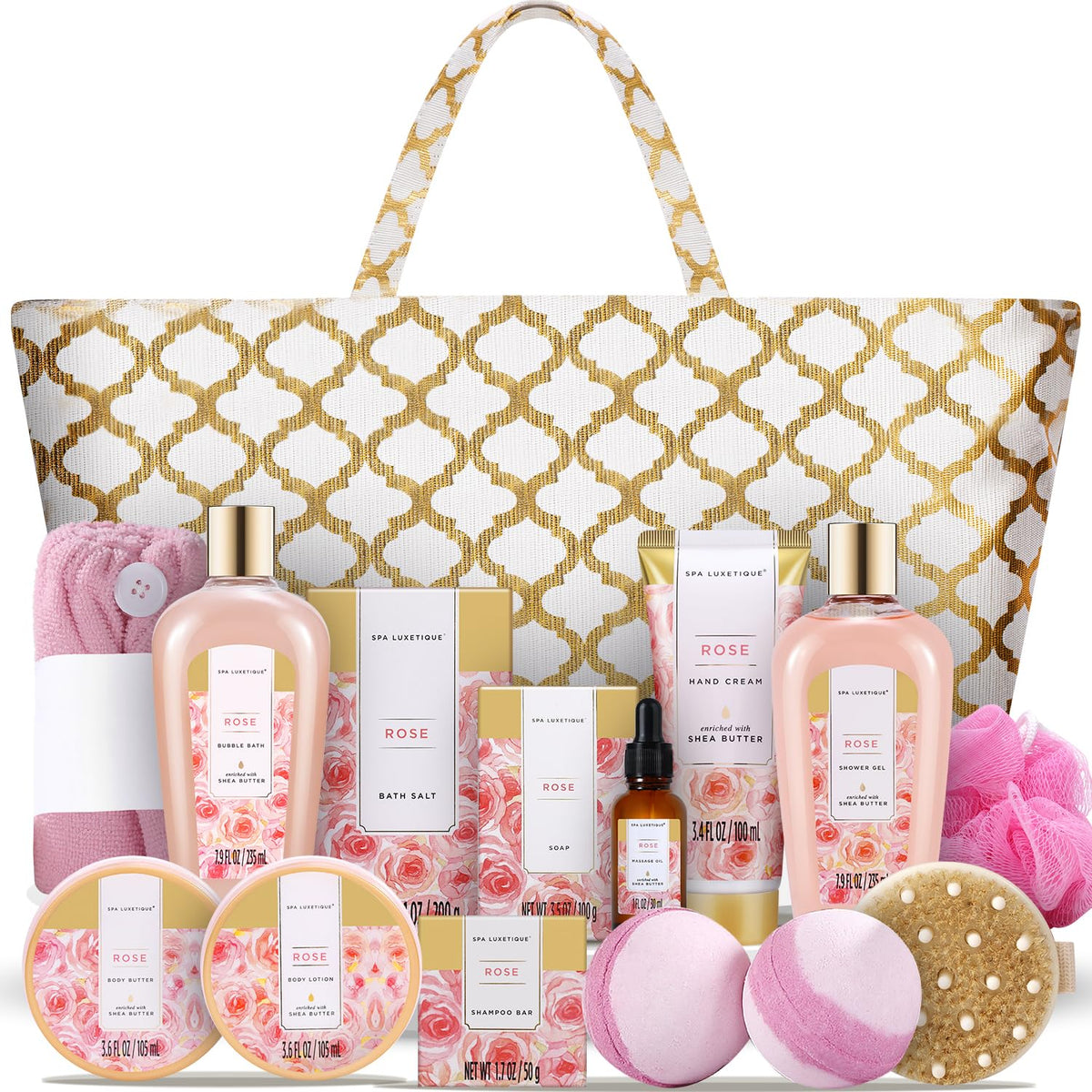 Spa Luxetique 15Pcs Rose Spa Gift Basket For Women - Bath Oil, Salt & Bubble Bath Sets