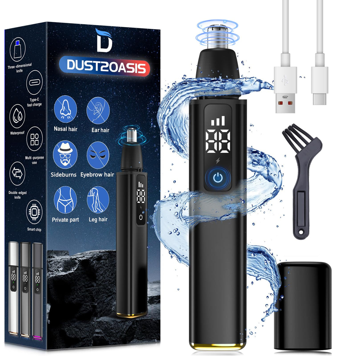 Dust2Oasis Ear And Nose Hair Trimmer - 15,000 Rpm, Waterproof, Led Display, Type C Rechargeable