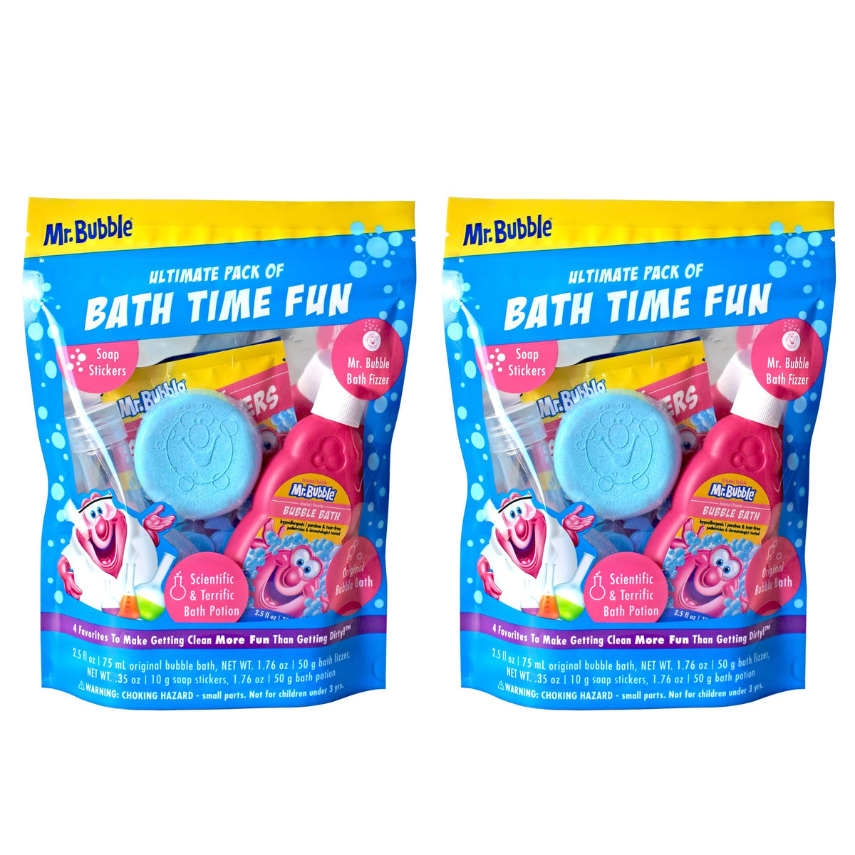 Mr. Bubble Ultimate Pack: Bath Potion, Bomb, Stickers & Bubble Bath - 2 Count Fun Set