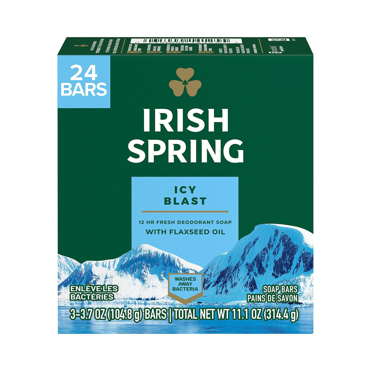 Irish Spring Icy Blast Bar Soap For Men, 24 Count, Fresh & Clean, Mild On Skin, 3.7 Oz