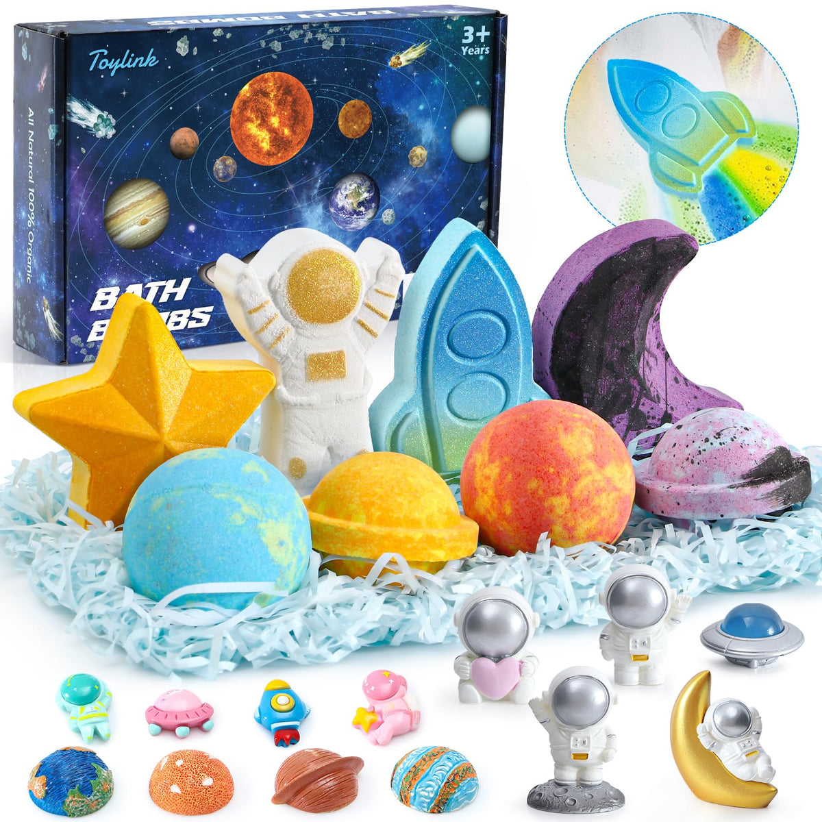 Toylink Space Bath Bombs For Kids - 8 Pack Galaxy Fizzies With Surprise Toys, Rainbow Colors