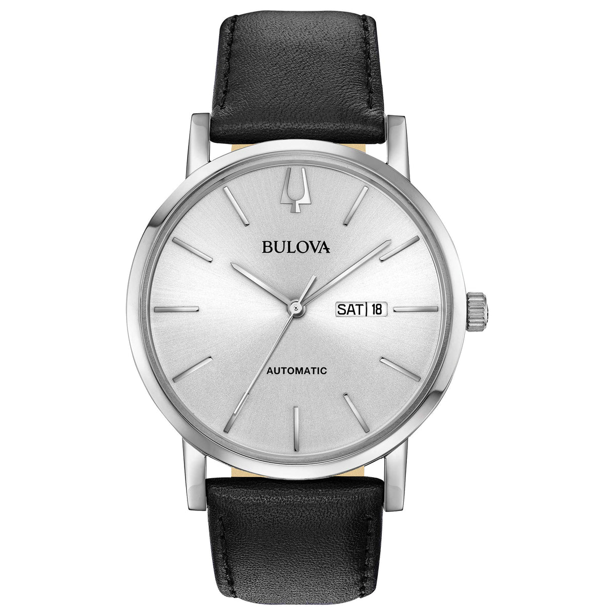 Bulova Men'S Classic 3-Hand Automatic Leather Strap Watch, Day Date, 42Mm, Exhibition Case Back