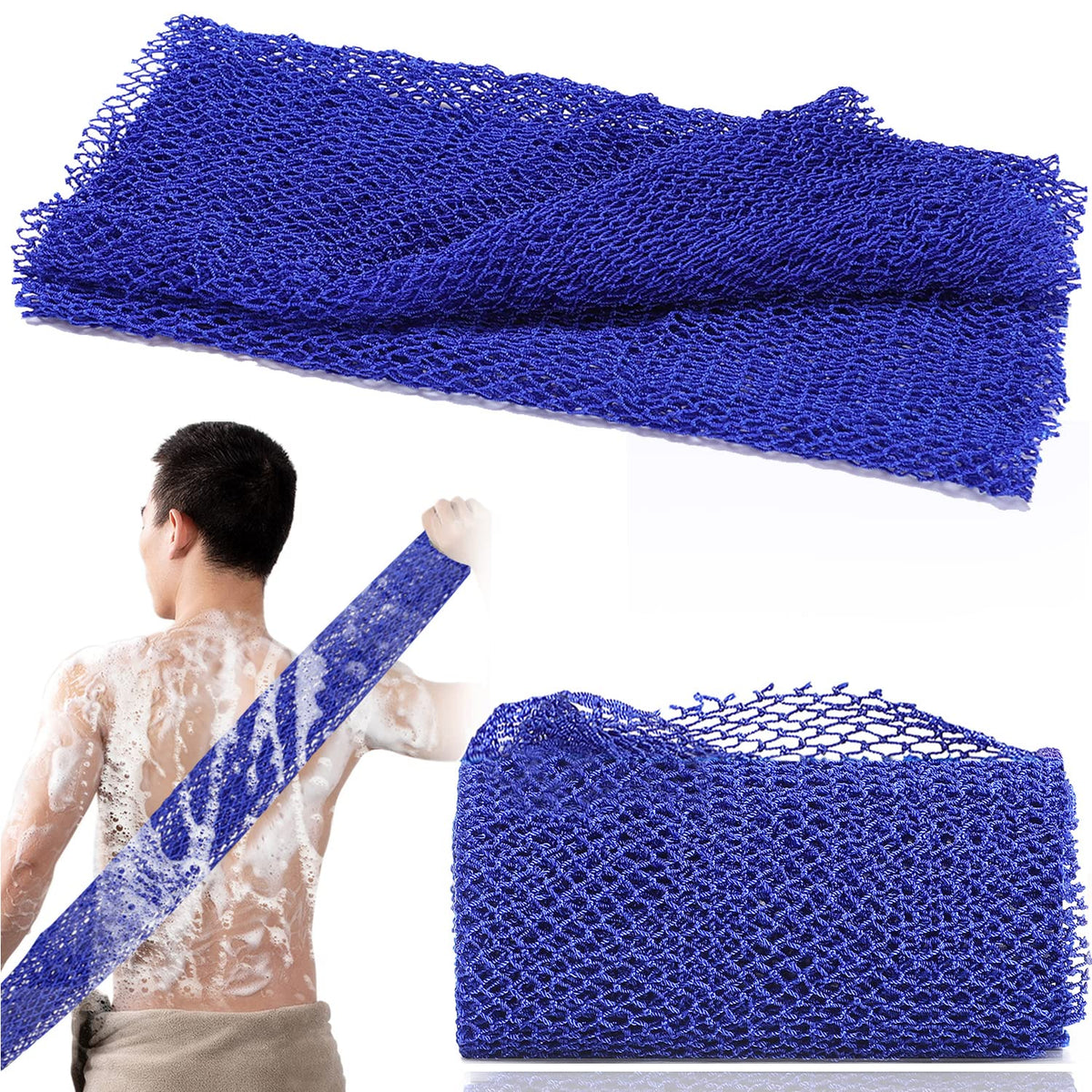 Jassins African Net Long Bath Sponge - Exfoliating Body Scrubber, 66&quot; Stretch, Blue