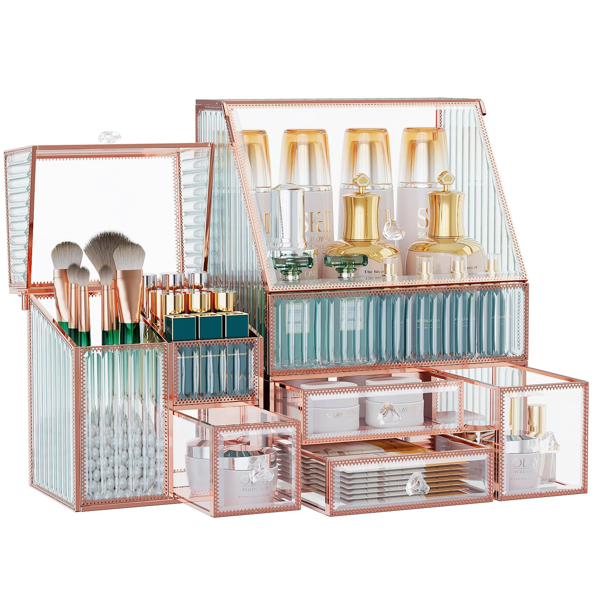 Youdepot Gold Tempered Glass Makeup Organizer - 3-In-1 Vanity & Skincare Storage Solution