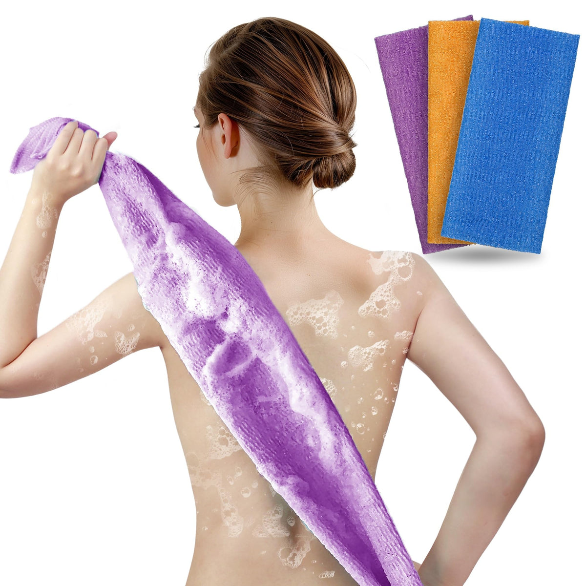 Arch&M Exfoliating Washcloth Scrubber - 3 Pack (Orange, Purple, Navy-Blue) For Body & Back Care