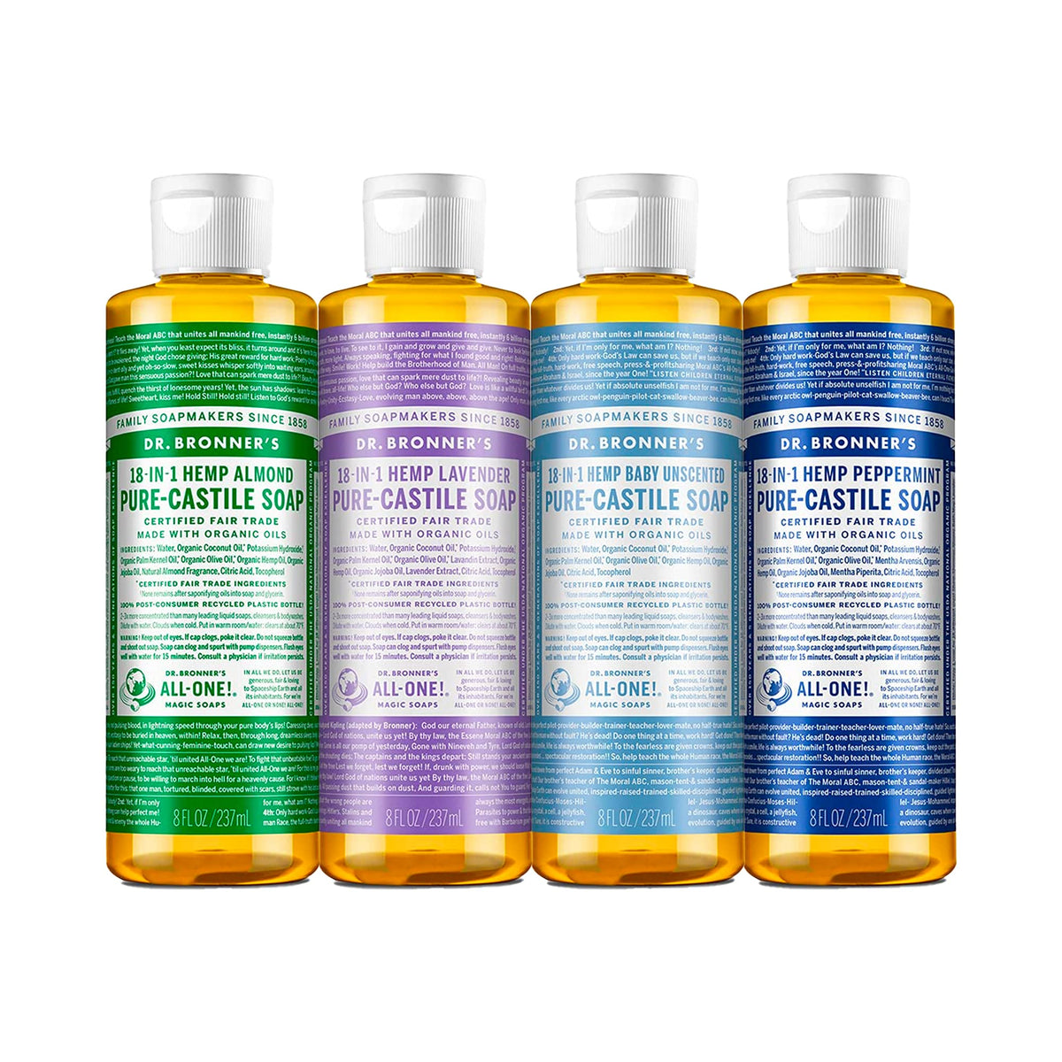 Dr. Bronner'S Pure-Castile Liquid Soap Variety Pack (4X8 Oz) - Peppermint, Lavender, Almond,